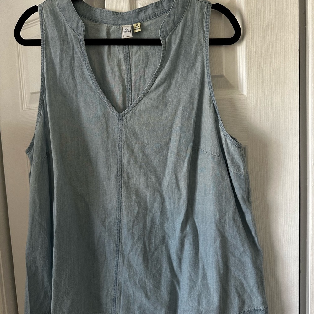 Denim tank top with fringe